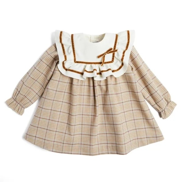 Pepa London Check Velvet Trim TrapezeDress in Beige 2Y